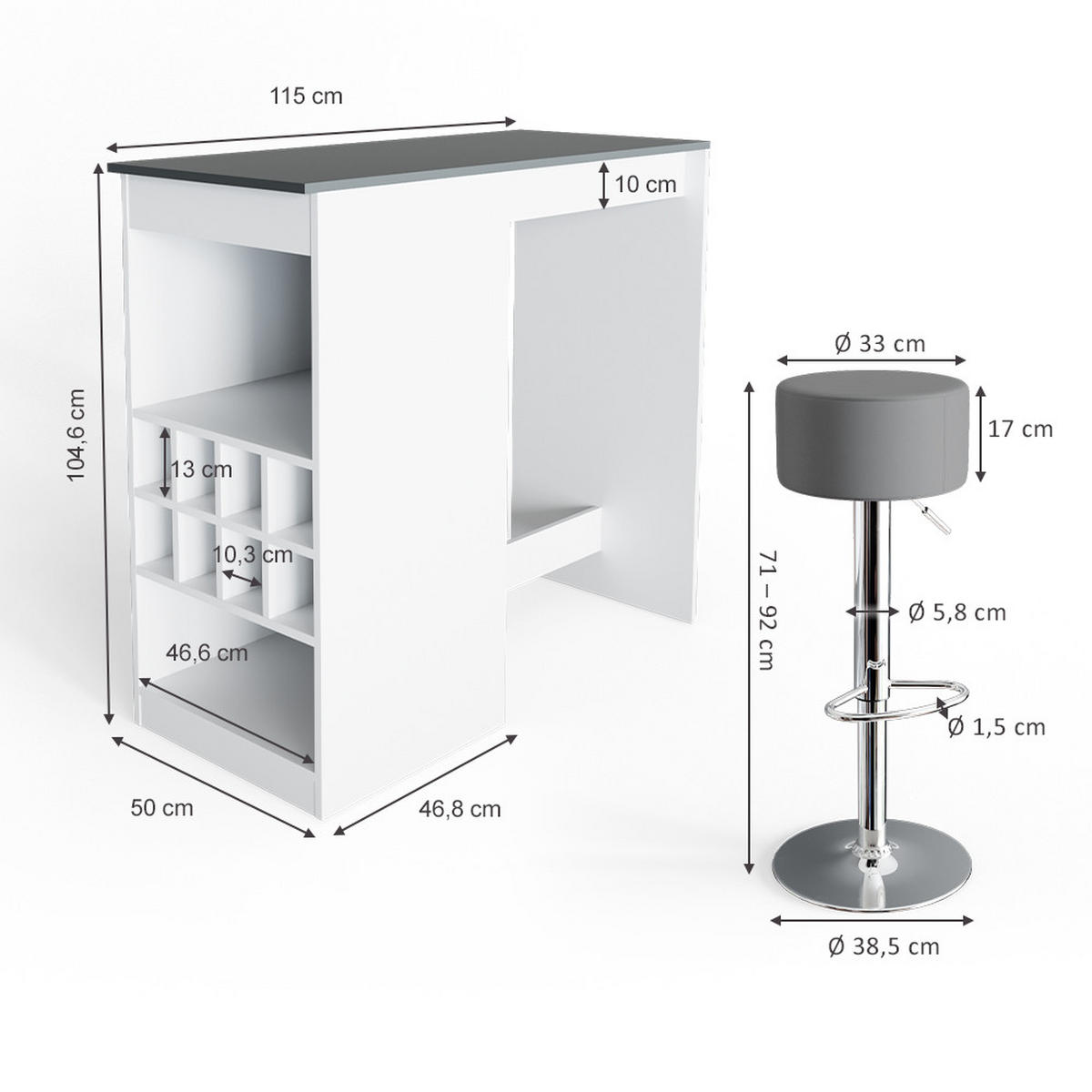 BARTISCH-SET Ross Weiß/Anthrazit 115 x 50 cm mit 2 Barhockern - Anthrazit/Weiß, Holzwerkstoff (115/104.6/50cm) - Vicco