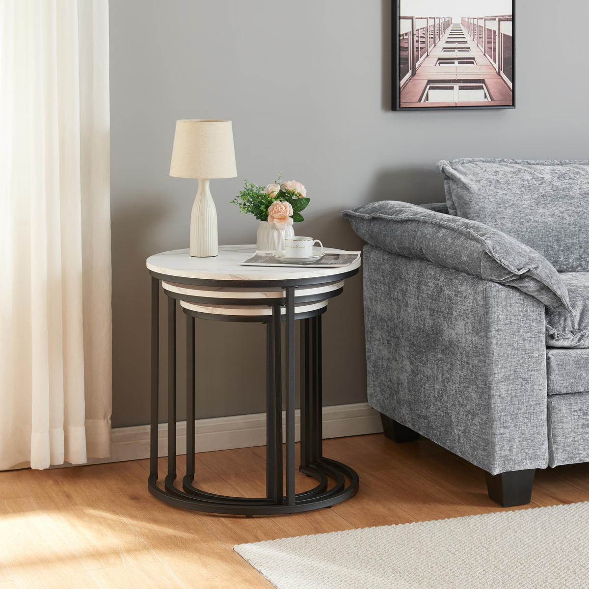 BEISTELLTISCH-SET 3 TLG. Ulricehamn - Schwarz/Weiß, Holzwerkstoff/Metall (56.5/56.5/60cm) - [en.casa]