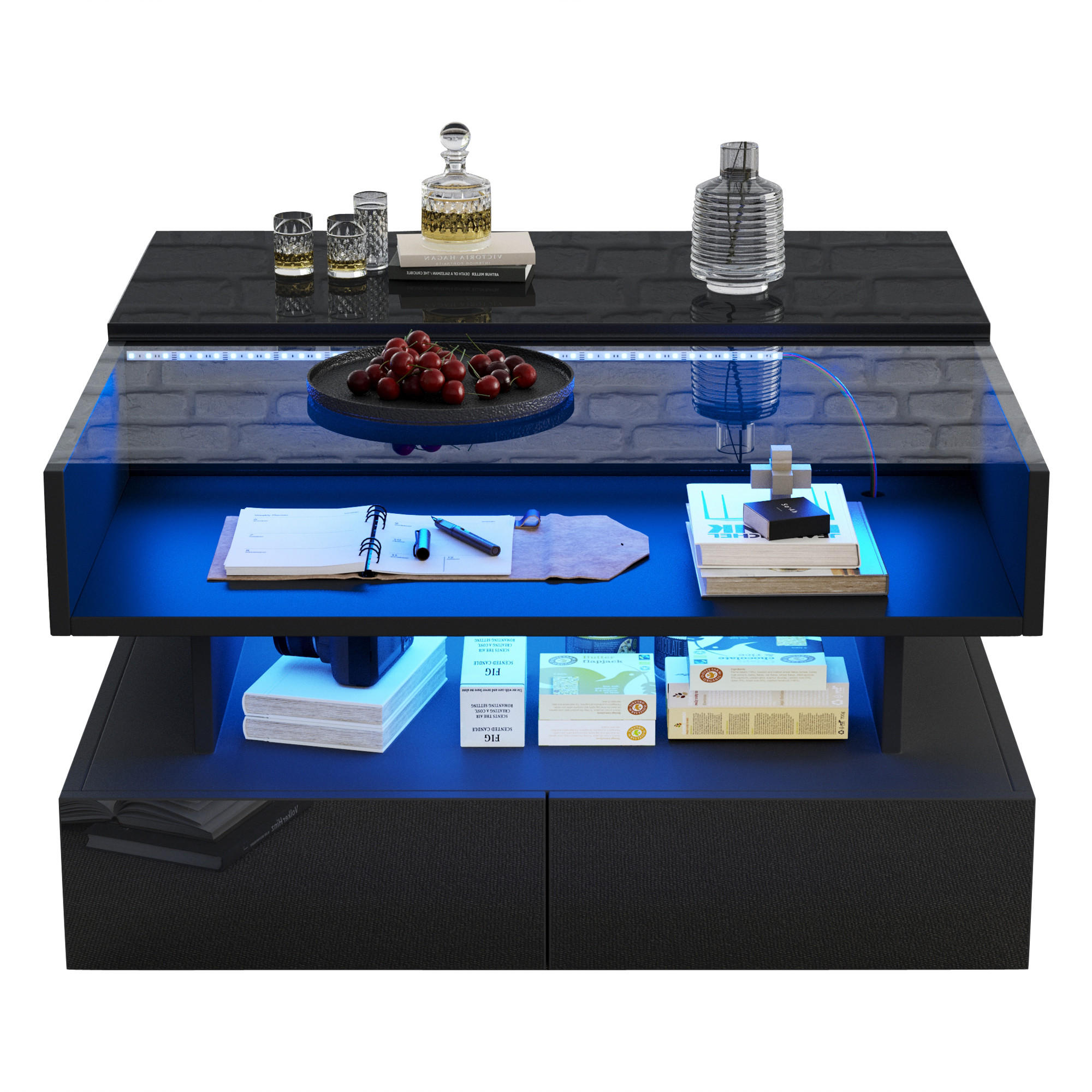 COUCHTISCH Couchtisch mit Liftfunktion und LED App Steuerung, Glas Design Hochglanz Stauraum multifunktional - Schwarz, Glas/Holzwerkstoff (80/80/45cm) - EVRYAE
