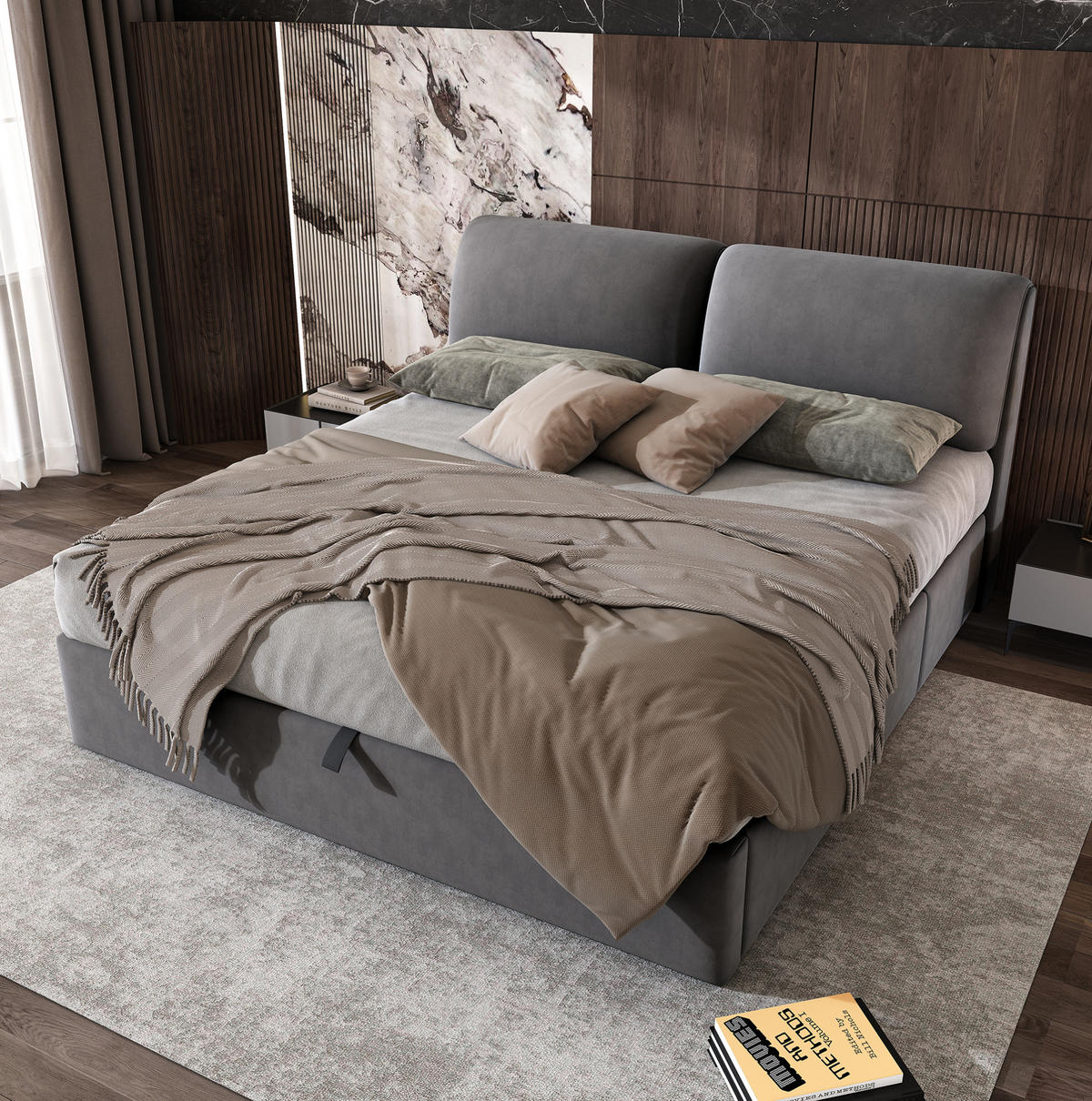 POLSTERBETT aus Samt 160x200 cm in Grau mit Bettkasten & 3 Schubladen - Grau, Textil (160/200cm) - Modfu