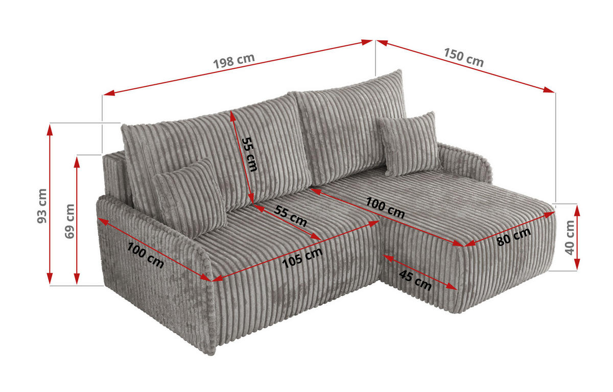 ECKSCHLAFSOFA ARPA L Grau Cord - links - Schwarz/Grau, Kunststoff/Textil (198/150cm) - MKS