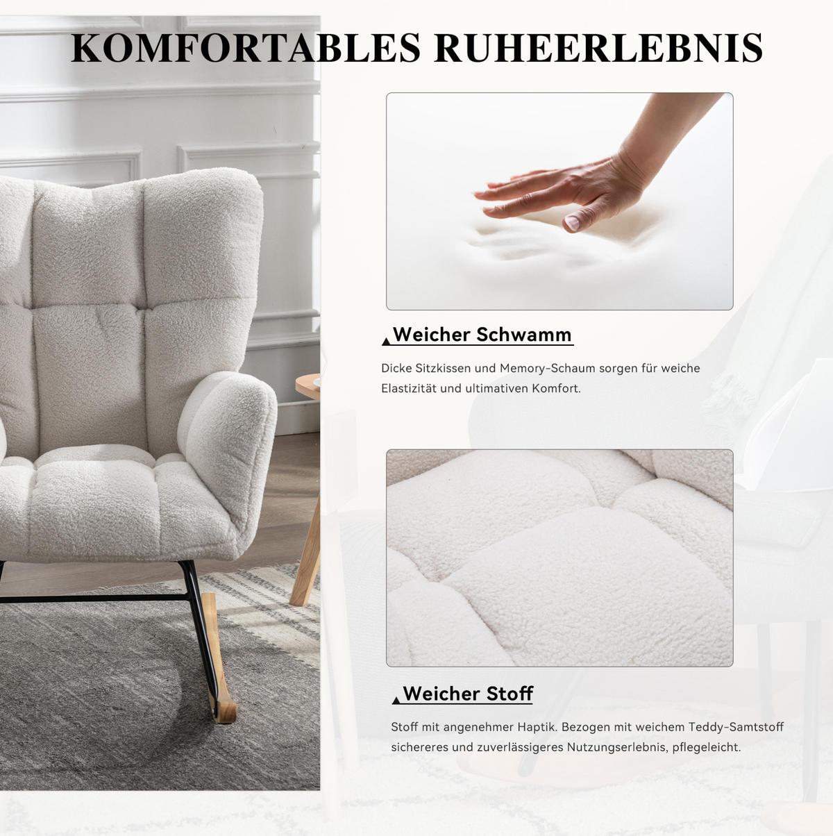 SCHAUKELSTUHL Teddy-Stoff mit gepolstertem Sitz und hoher Lehne 80/70/95 cm Weiß - Weiß, Textil (70/95/80cm) - Redom