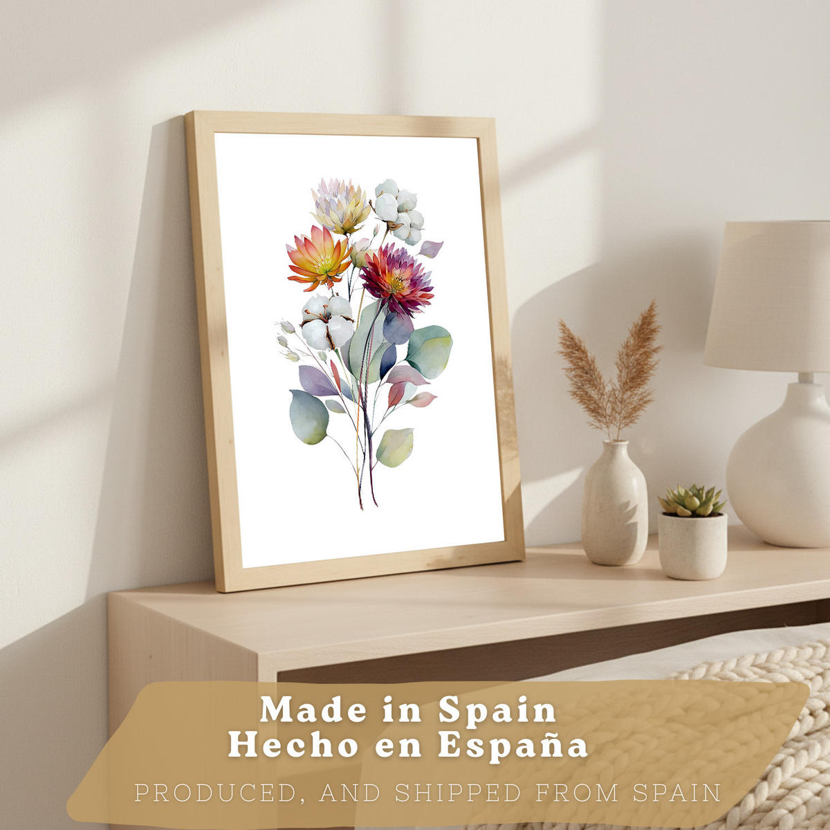 PLAKAT Sada 3 botanických uměleckých tisků. Květinové nástěnné umění. Moderní minimalistický květinový nástěnný PLAKAT. Velikost Světlý dřevěný rám A4 - béžová, papír (21/29.7/3cm) - Nacnic