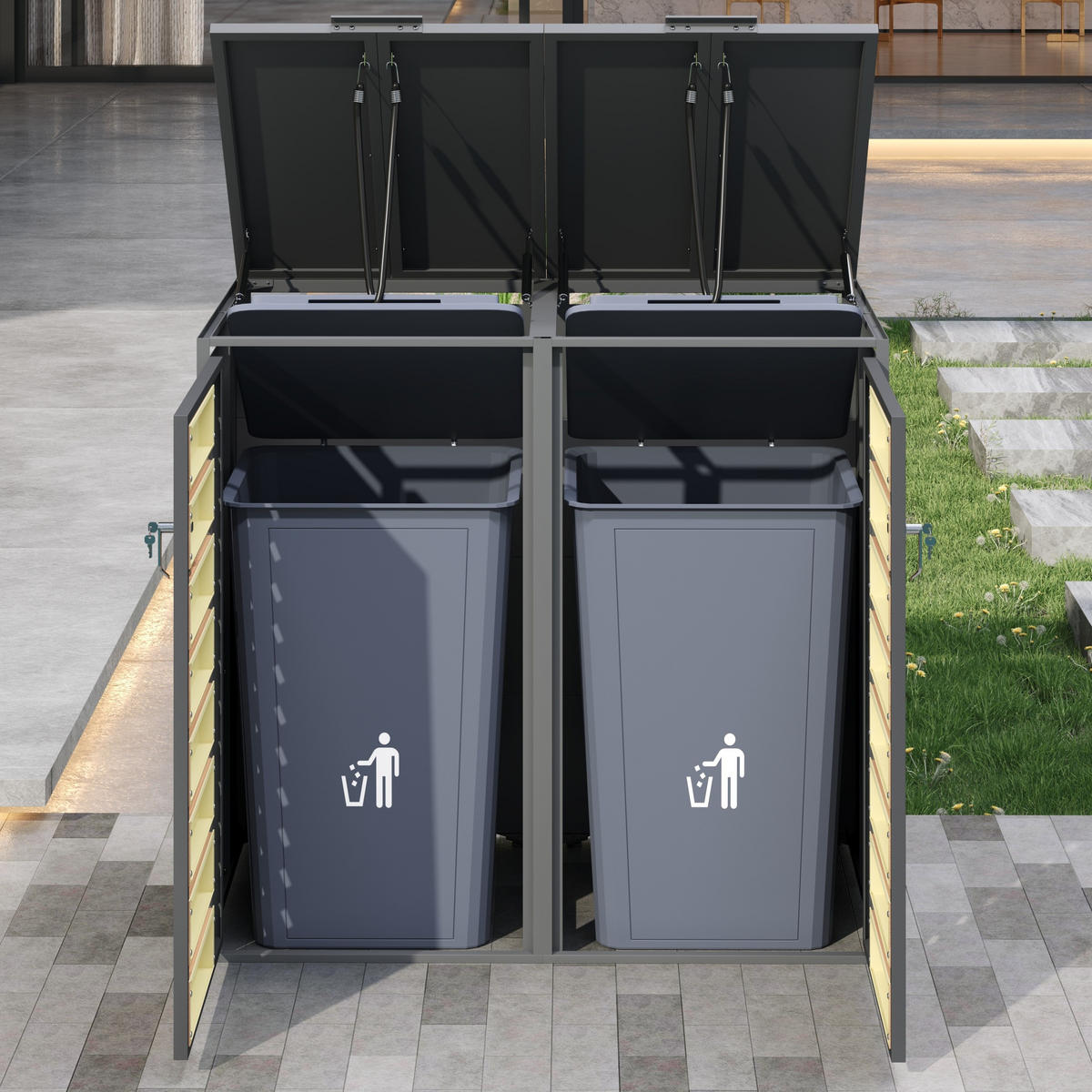 MÜLLTONNENBOX Klappdeckel 2 Türen Holzoptik - Grau, Metall (132/118.5/80cm) - LEBENLANG