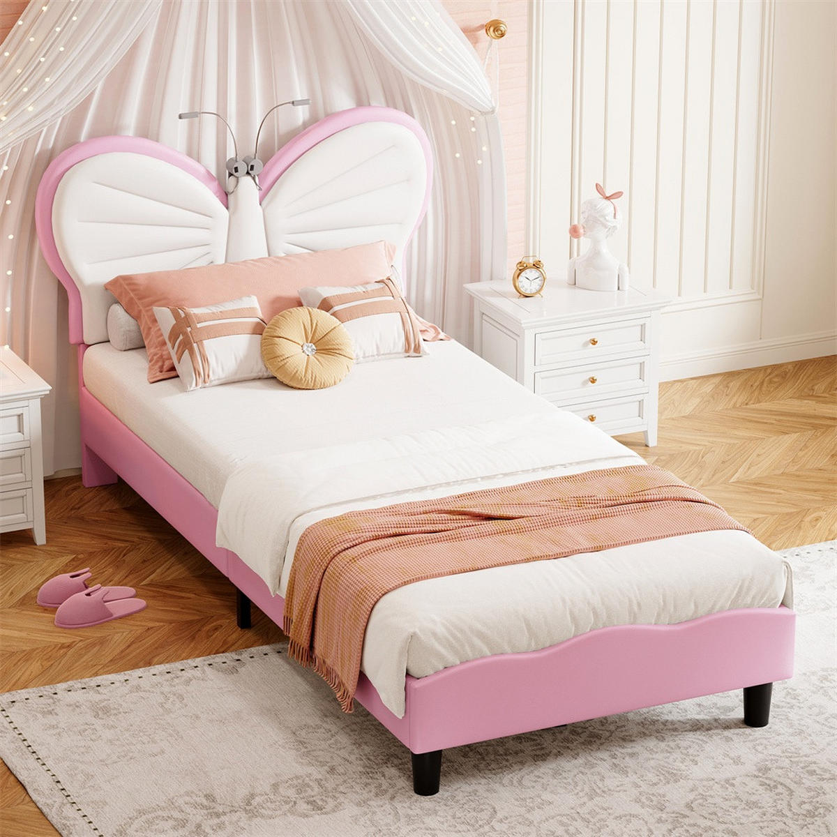 KINDERBETT 90x200 cm - Schmetterling-Design mit LED-Leseleuchten und verstellbarem Kopfteil - ohne Matratze - Weiß&Rosa - Pink, Holz (90/200cm) - DELFA