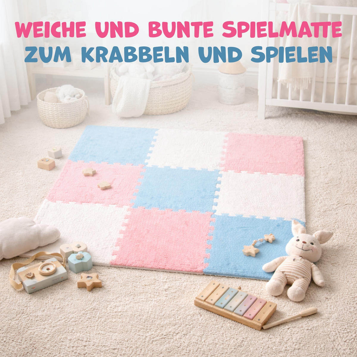 PUZZLETEPPICH für Kinderzimmer 30x30x1cm ( 18 Stück ) - Weiß/Rosa, Kunststoff (30/30cm) - Bestlivings