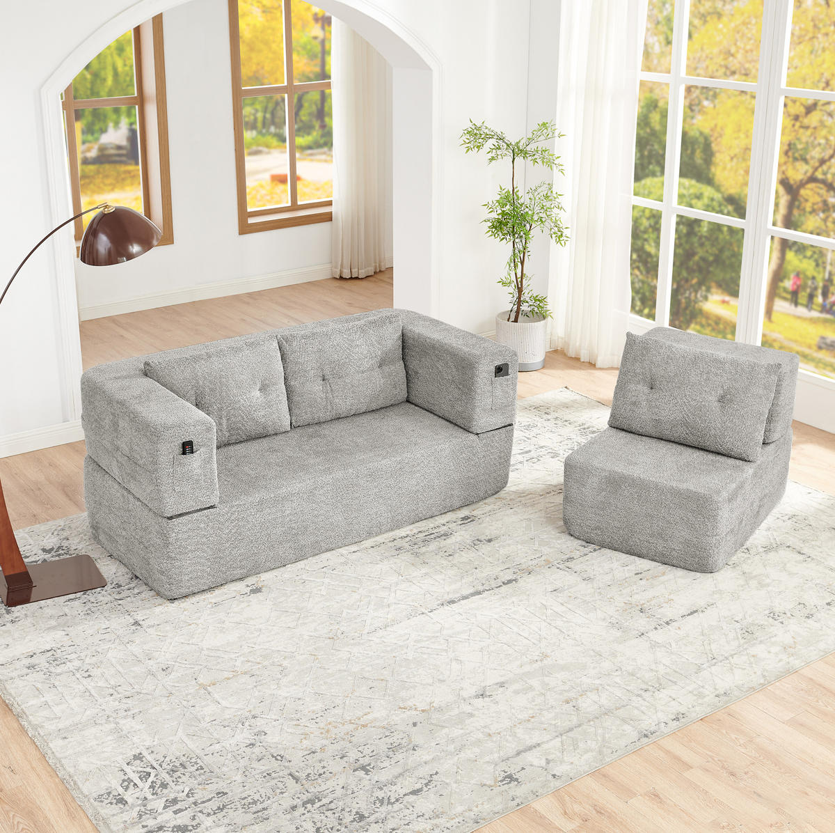 SCHLAFSOFA klappbar als 2-in-1 Modulsystem mit Sessel, Memory-Schaum und Seitentaschen, Hellgrau - Hellgrau, Textil (199/39/194cm) - Redom