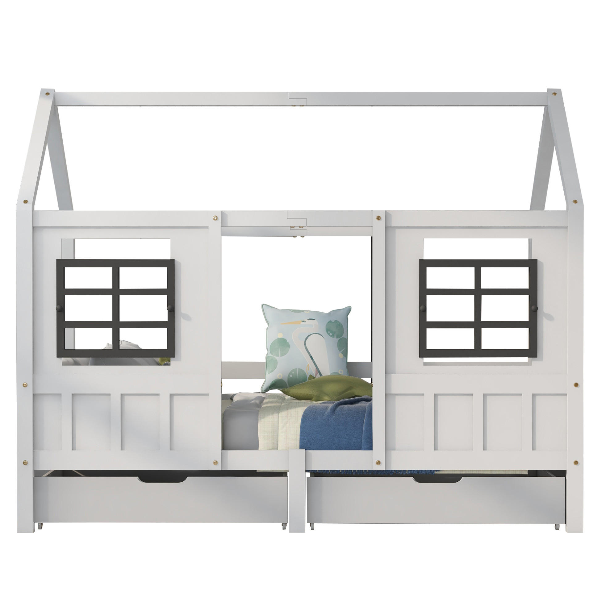 HAUSBETT 90/200 cm Weiß mit Fenstern und 2 Schubladen aus Kiefer und MDF - Weiß, Holz (90/200cm) - OKWISH