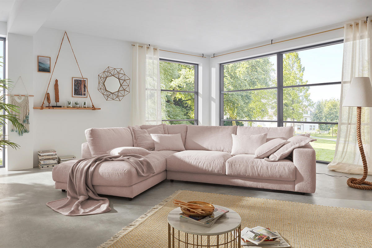 ECKSOFA MADELINE Pink Cord - Pink/Schwarz, Kunststoff/Textil (325/224cm) - KAWOLA