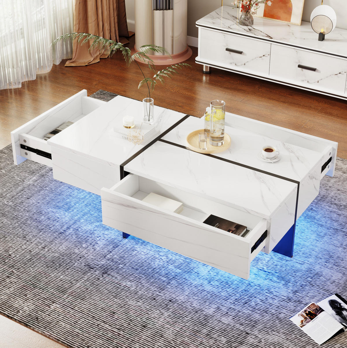 KONFERENČNÍ stolek 100/50/34,5 cm bílý z dřevotřísky s LED osvětlením a 3 zásuvkami - bílá, kompozitní dřevo (100/50/34.5cm) - OKWISH