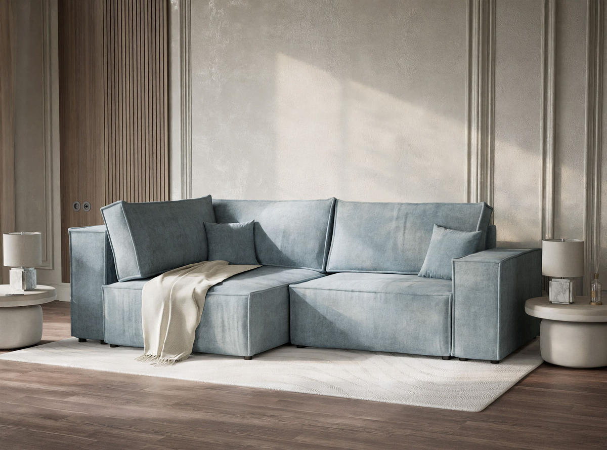 ECKSOFA MIT SCHLAFFUNKTION Tonga Hellblau Webstoff - Schwarz/Hellblau, Holz/Holzwerkstoff (105/225cm) - Maison de Reve