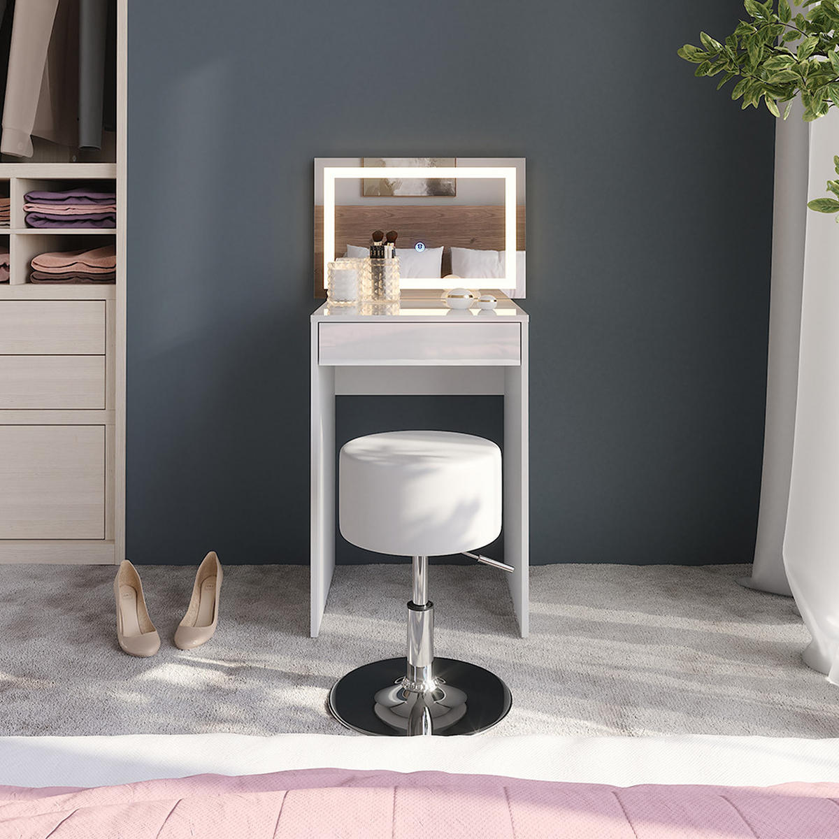 SCHMINKTISCH Sherry Weiß/Weiß Hochglanz 51.4 cm mit LED-Spiegel und Hocker - Weiß Hochglanz, Holzwerkstoff (51.4/76/50.1cm) - Vicco