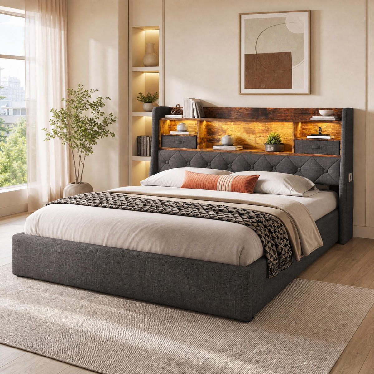 POLSTERBETT 180/200 cm in Grau mit Bettkasten, LED, USB und Type-C Leinen Retro-Design - Grau, Holzwerkstoff/Textil (180/200cm) - STILVORA