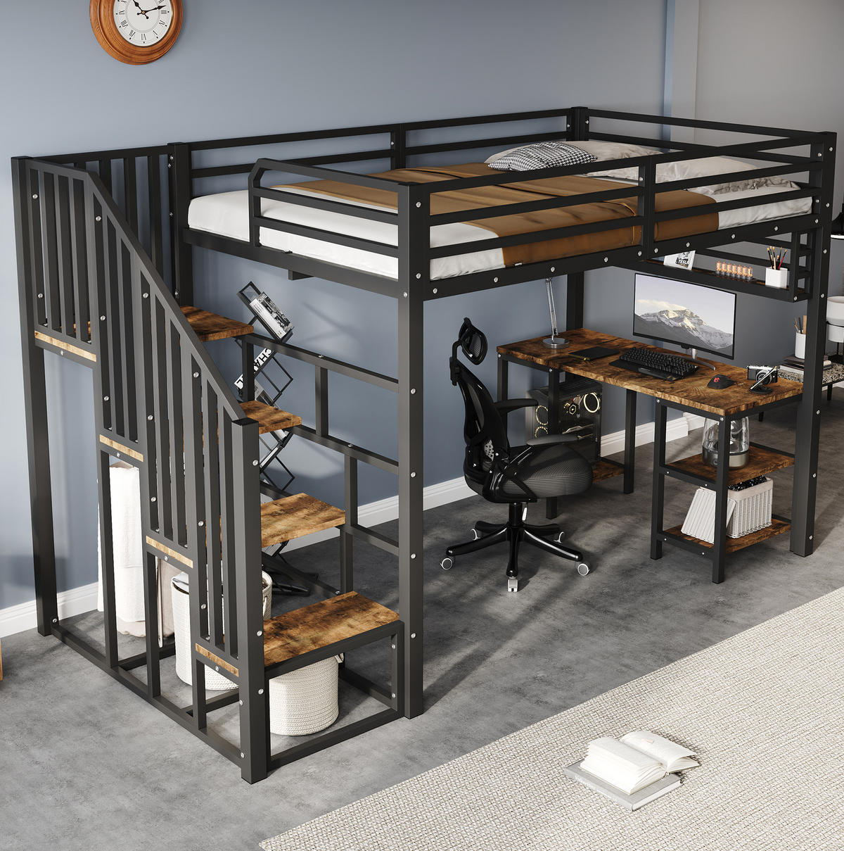 HOCHBETT 120/200 cm aus Metall und Holzwerkstoff mit Schreibtisch und Regal Schwarz/Dunkelwalnuss - Schwarz, Metall (120/200cm) - Modenvie