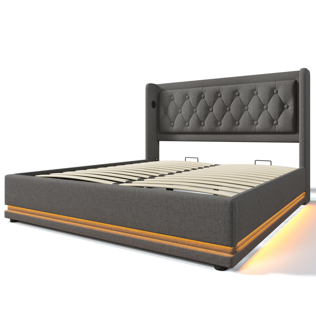 POLSTERBETT 180/200 cm Grau mit Stauraum, LED-Beleuchtung und USB-/Type-C-Anschlüssen - Grau, Textil (180/200cm) - Flora Grace