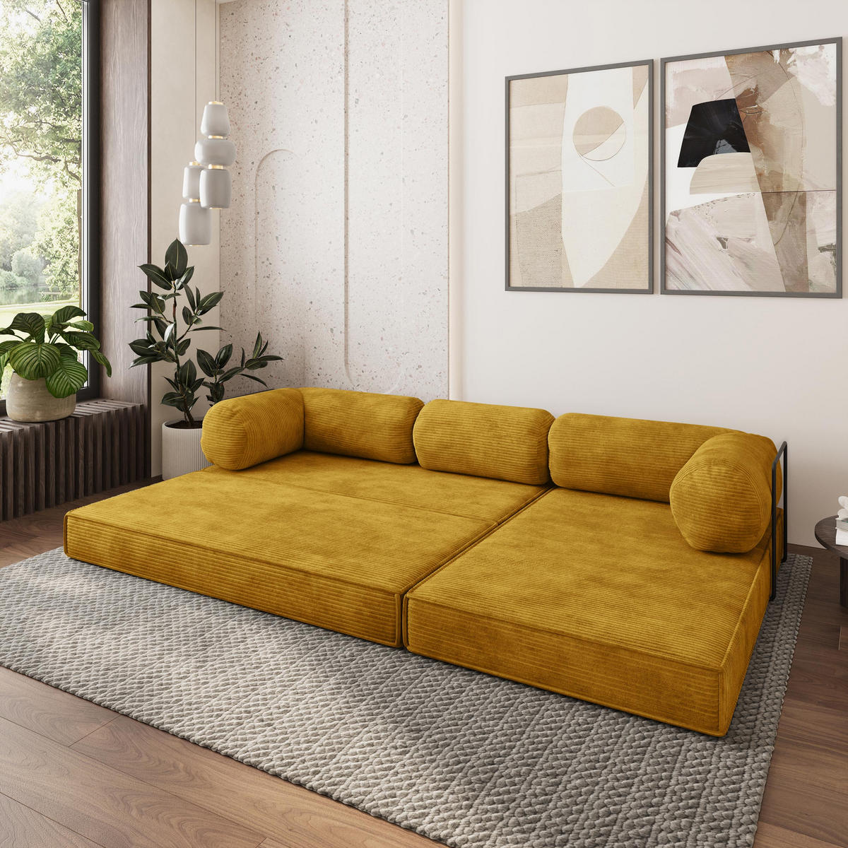 ROHOVÁ SEDAČKA ETERA modulární Boneless pohovka s funkcí spaní, žlutá POSO 01 - žlutá, textil (270/160cm) - MASSENO