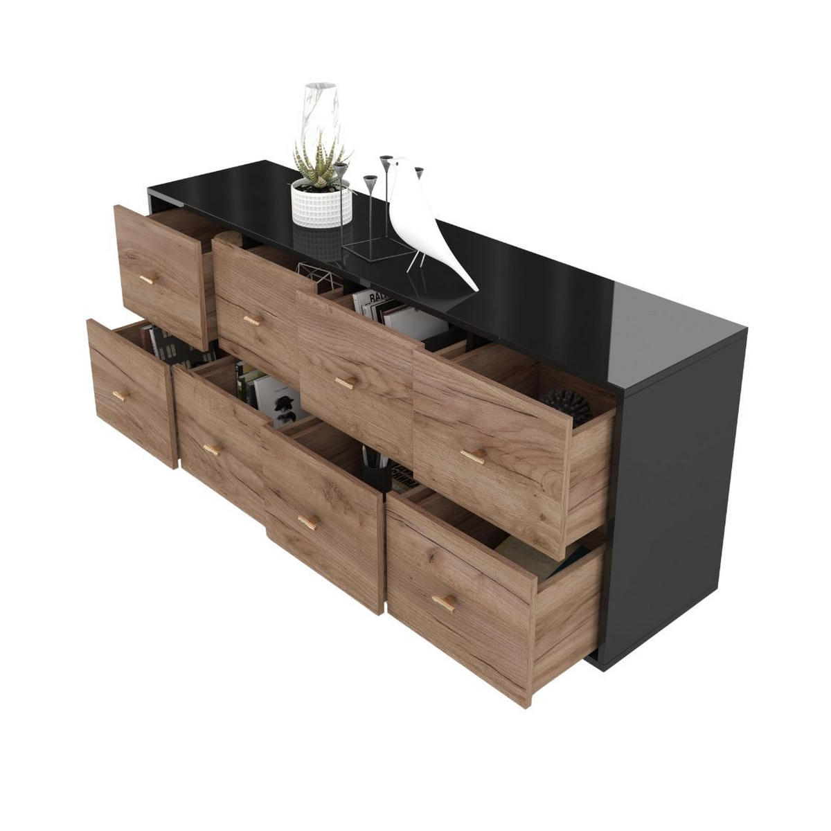 SIDEBOARD Maud, 8 Schublade, Schwarzer Hochglanz + Eiche Dekor, 163 cm - Eichefarben/Schwarz, Holzwerkstoff/Metall (163.6/83.6/40cm) - Skandica