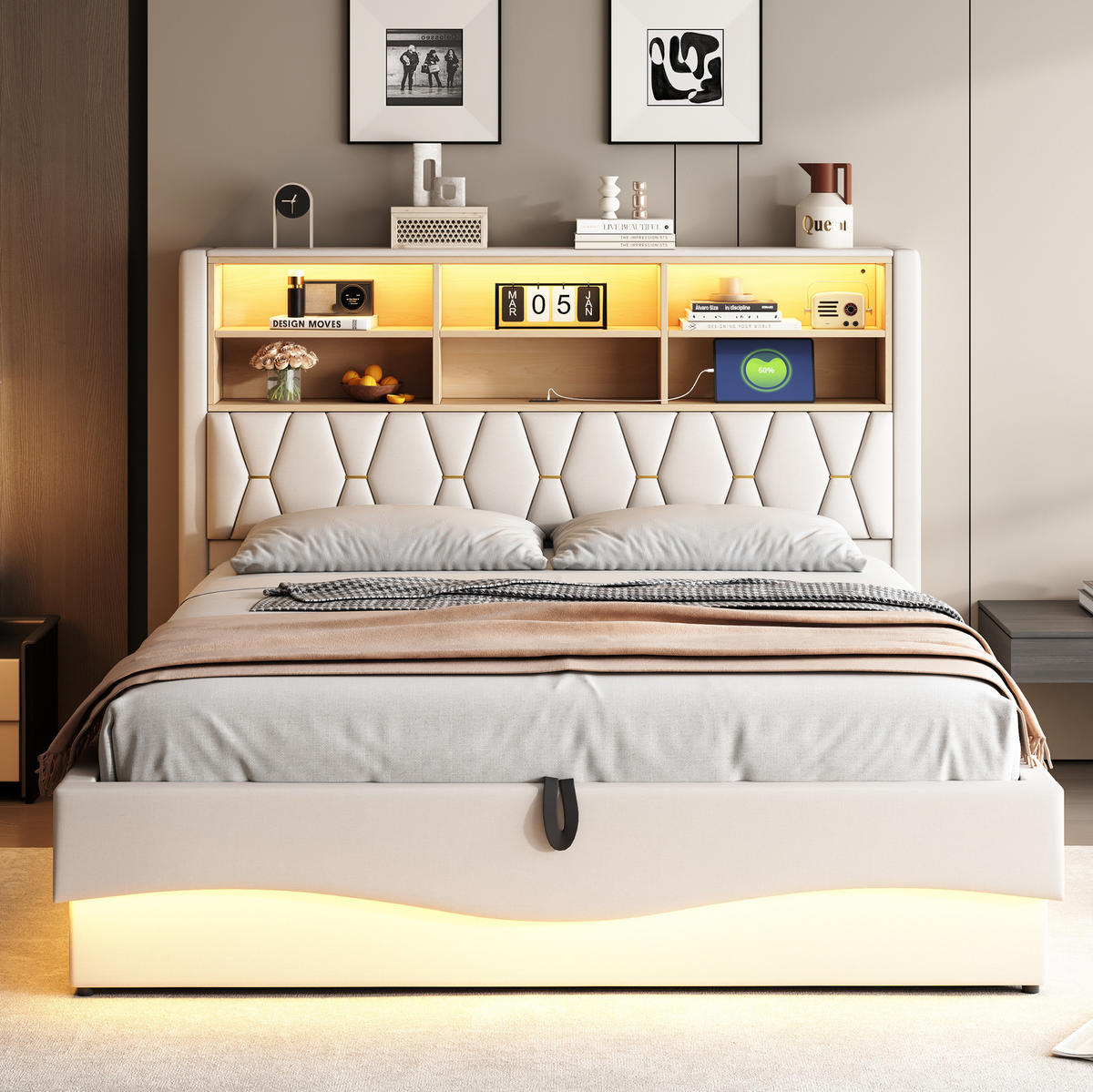 ČALÚNENÁ posteľ z kovu 180x200 cm béžová s LED osvetlením, USB portom a hydraulickým úložným priestorom - béžová, kov (180/200cm) - Modfu