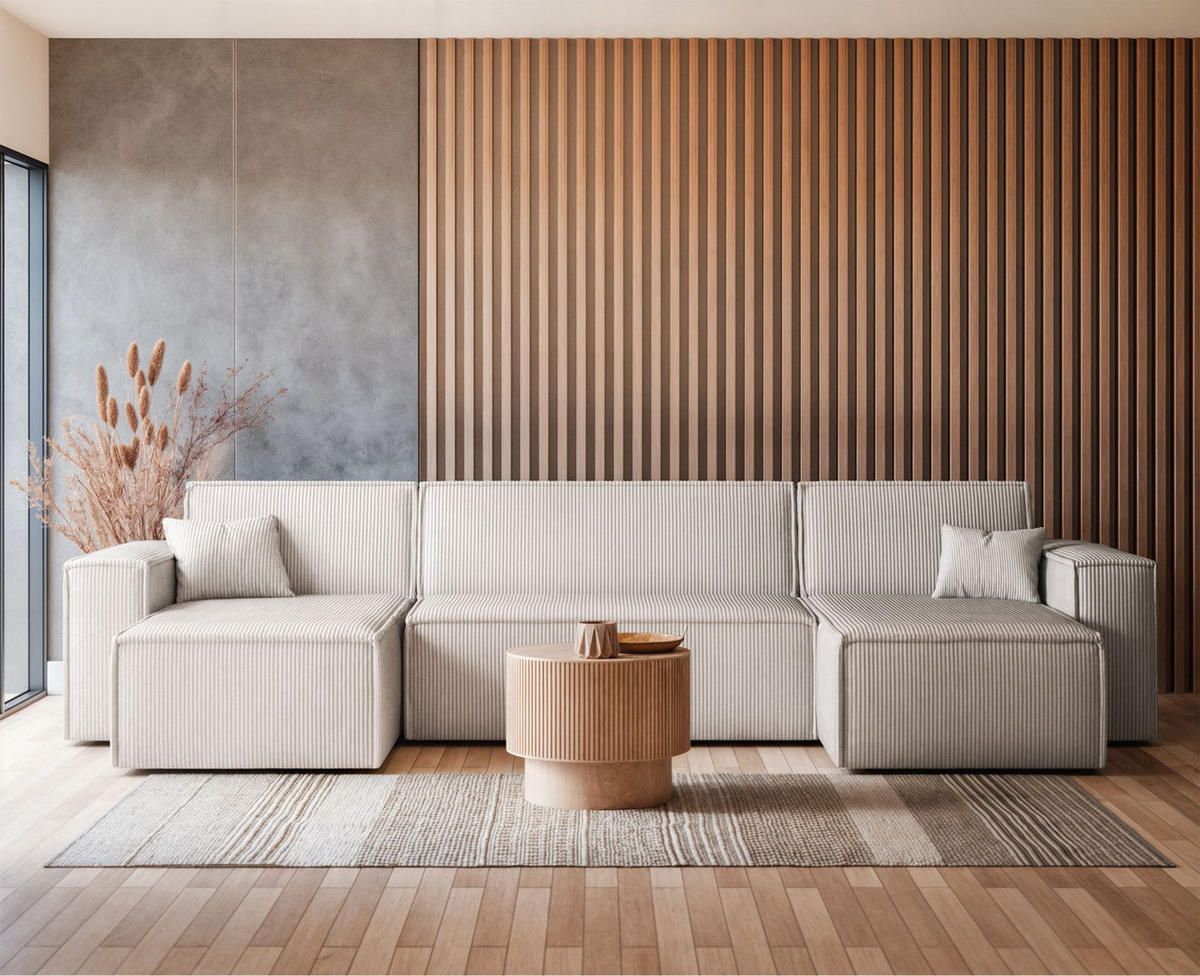 WOHNLANDSCHAFT Scarlo Hellbeige Cordbezug - Ecru/Schwarz, Kunststoff/Textil (244/83/145cm) - Selsey