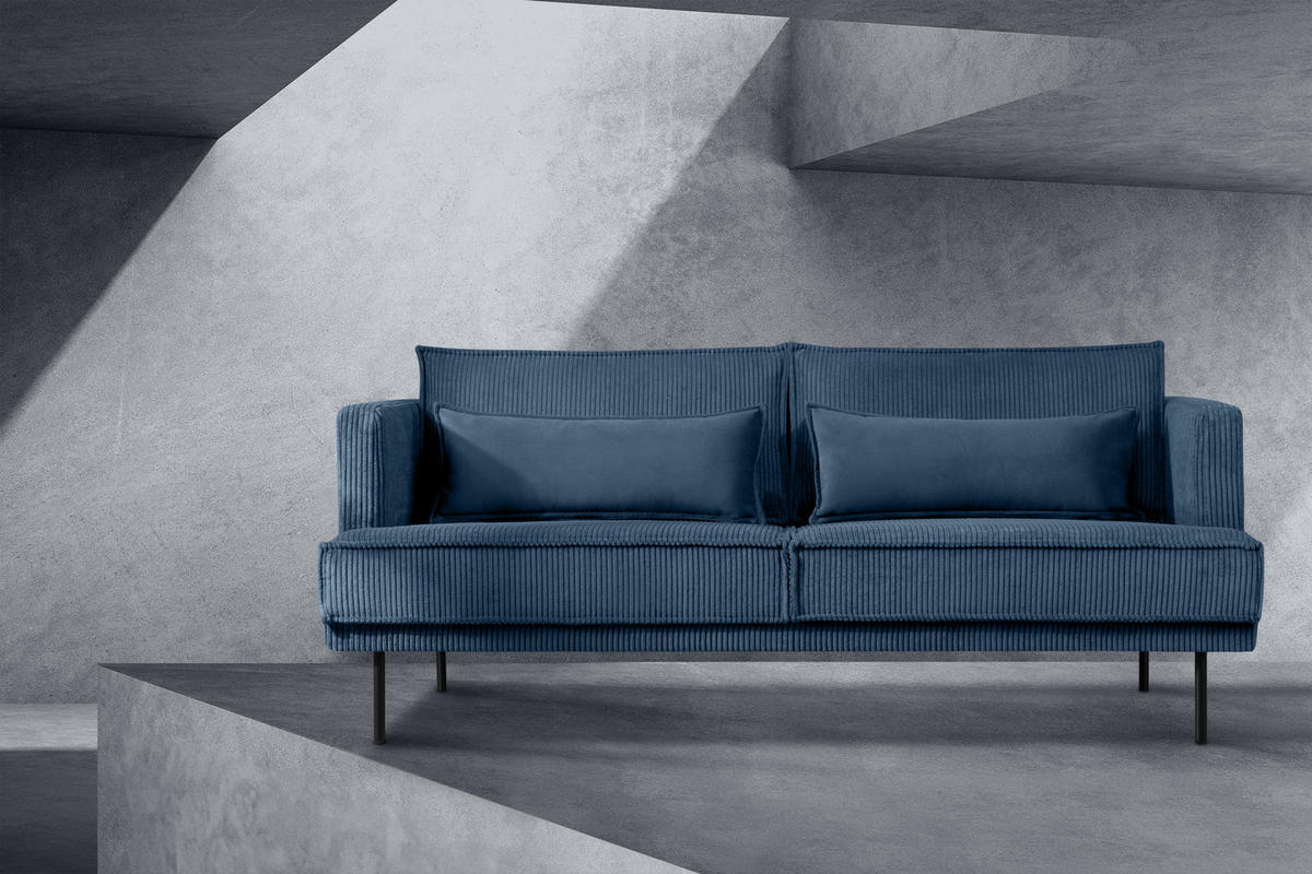 3-SITZER-SOFA GANZO 2 Kissen inklusive, Cord-Stoff, marineblau - Blau/Schwarz, Textil/Metall (193/84/92cm) - KONSIMO®
