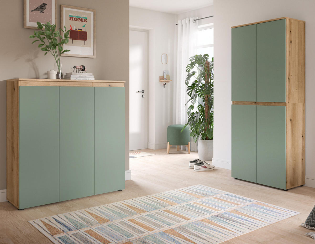 MEHRZWECKSCHRANK grün, Evoke Eiche 70 x 175 cm, Stauraumschrank 4-türig mit 9 Fächern - Eichefarben/Schwarz, Holzwerkstoff/Kunststoff (70/175/37cm) - Inn.Furn