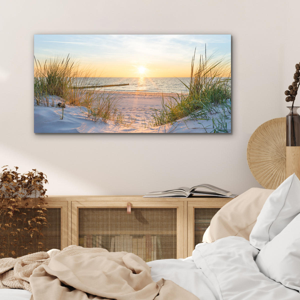 KOVOVÝ OBRAZ Pláž - Slnko - Duny - Tráva - Piesok - Horizont 80x40 cm - svetlomodrá, kov (80/40cm) - MuchoWow