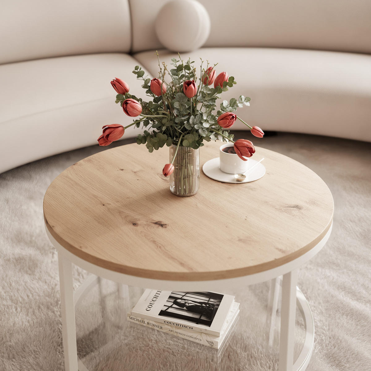 COUCHTISCH CANDY 60/42 cm runden, Weiß / Artisan-Eiche - Weiß/Eiche Artisan, Metall (60/60/42cm) - Idohome