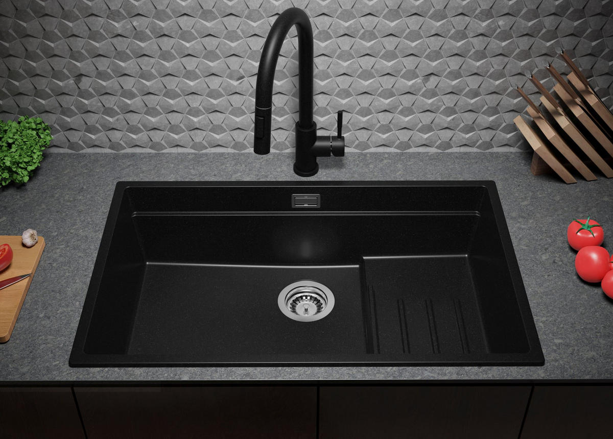 SPÜLBECKEN Praga Slim, 2-er set Schwarz 76/47 cm 1 Becken + Ablauf-Set + Aufrollbare Abtropffläche ab 80er Unterschrank - Chromfarben/Schwarz, Kunststoff (76/20/47cm) - Primagran