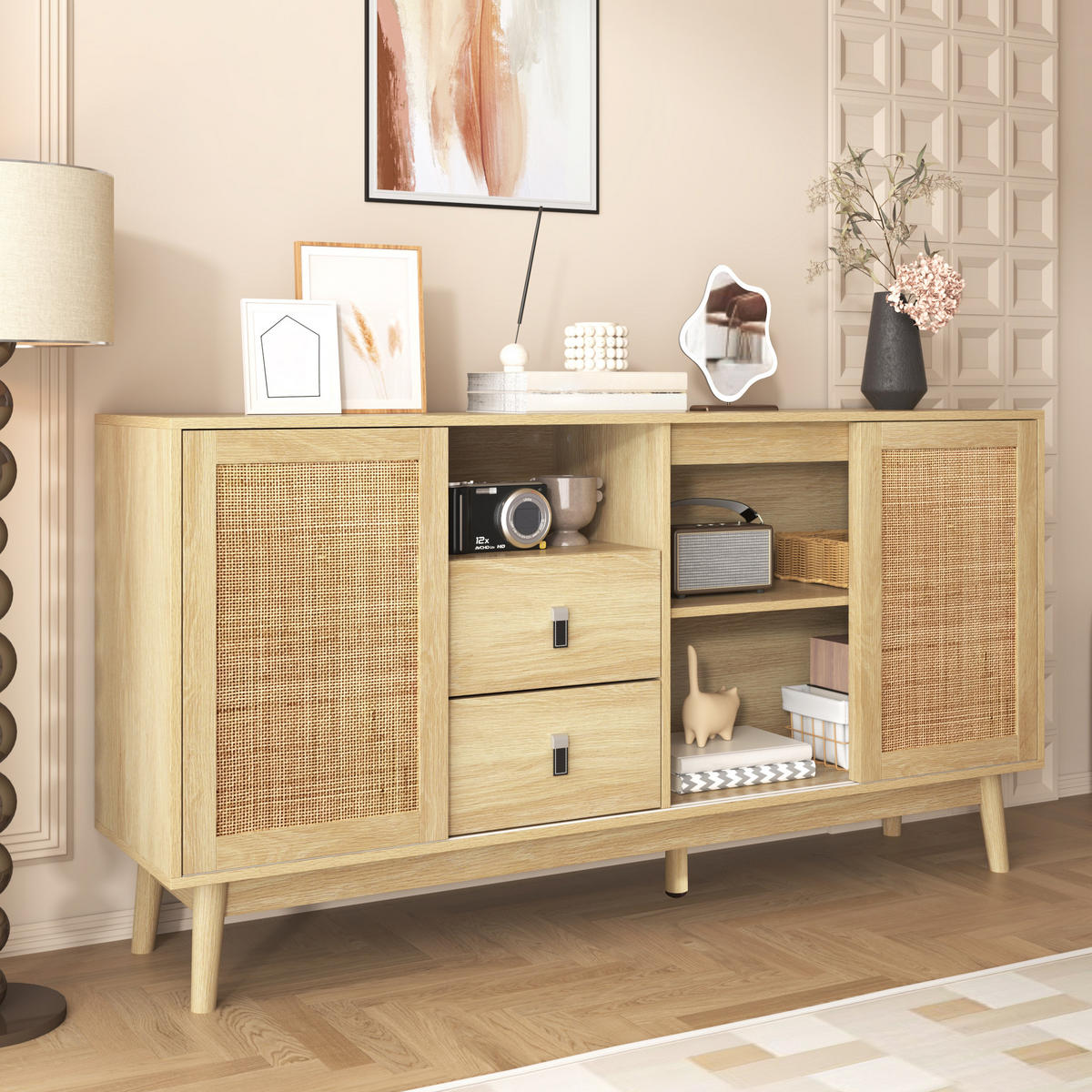 SIDEBOARD 155/38/80 cm mit 3 Schiebetüren, Rattan-Fronten & 2 Schubladen - Naturfarben, Holzwerkstoff (155/80/38cm) - BEAOK