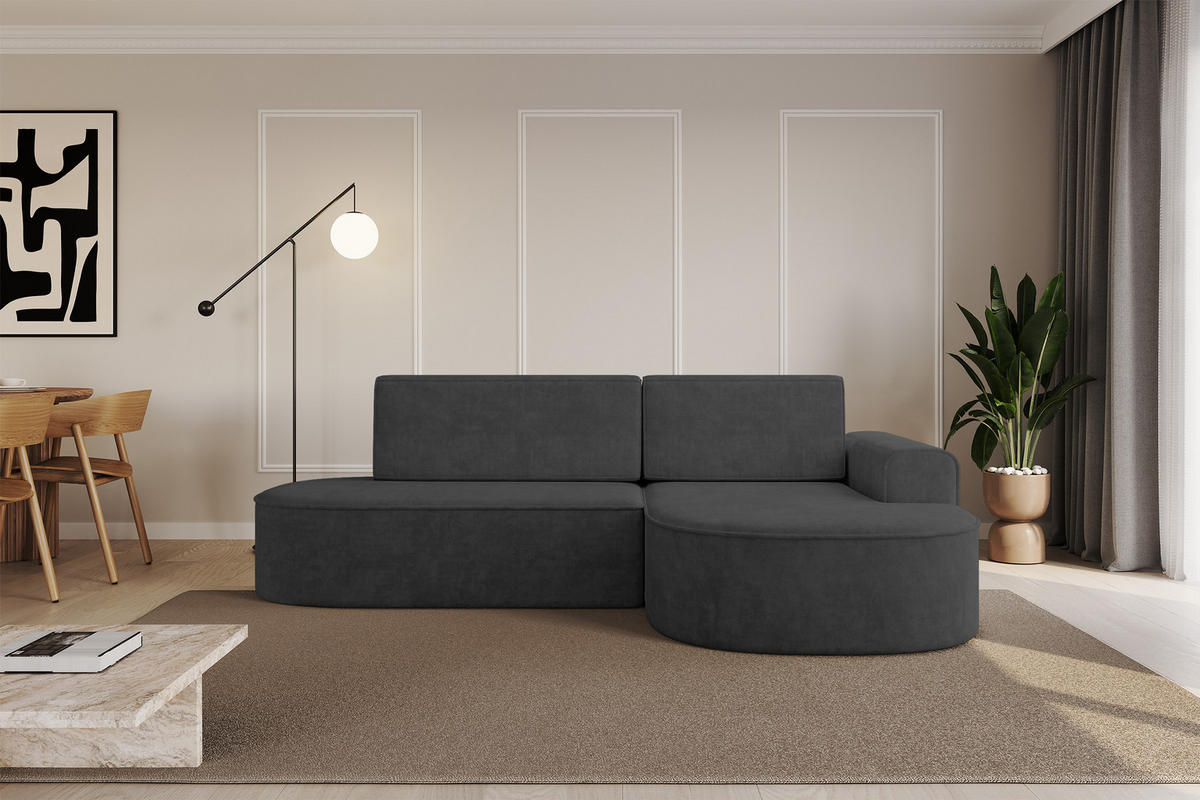 ECKSOFA mit Schlaffunktion und Bettkasten Ottomane Rechts MARI-L1-S - 283x167x85 cm Dunkelgrau Velours - Dunkelgrau/Schwarz, Holzwerkstoff/Kunststoff (167/283cm) - ALTDECOR