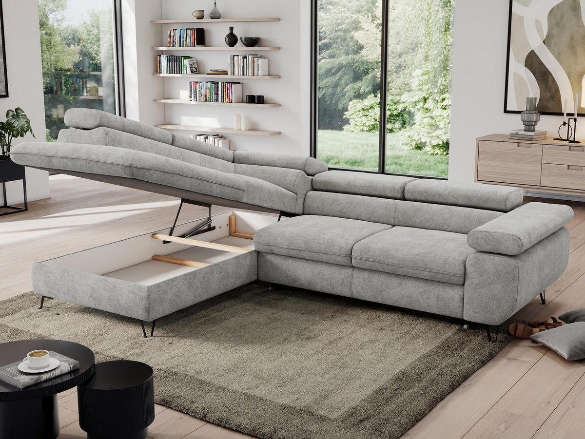 ECKSOFA PEDRO L Hellgrau Struktur - Links Seite - Hellgrau/Schwarz, Textil/Metall (208/273cm) - MKS