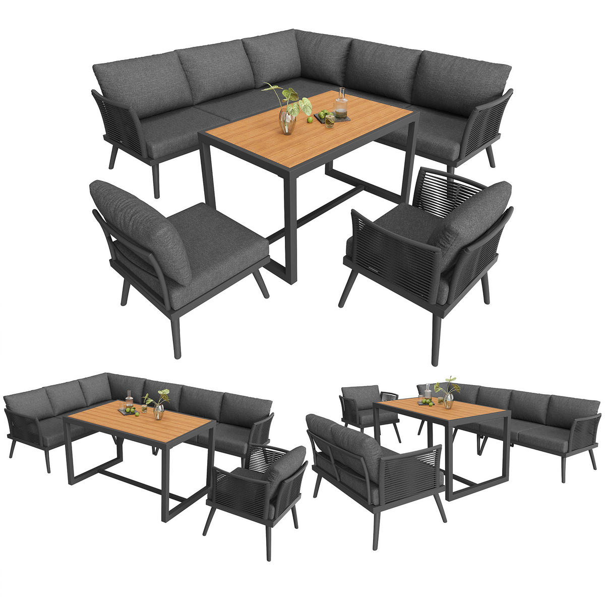 GARTENSET L-Form 7 Personen Grau Inkl. Tisch & Sessel Mit Polstern - Grau, Metall - FLIEKS