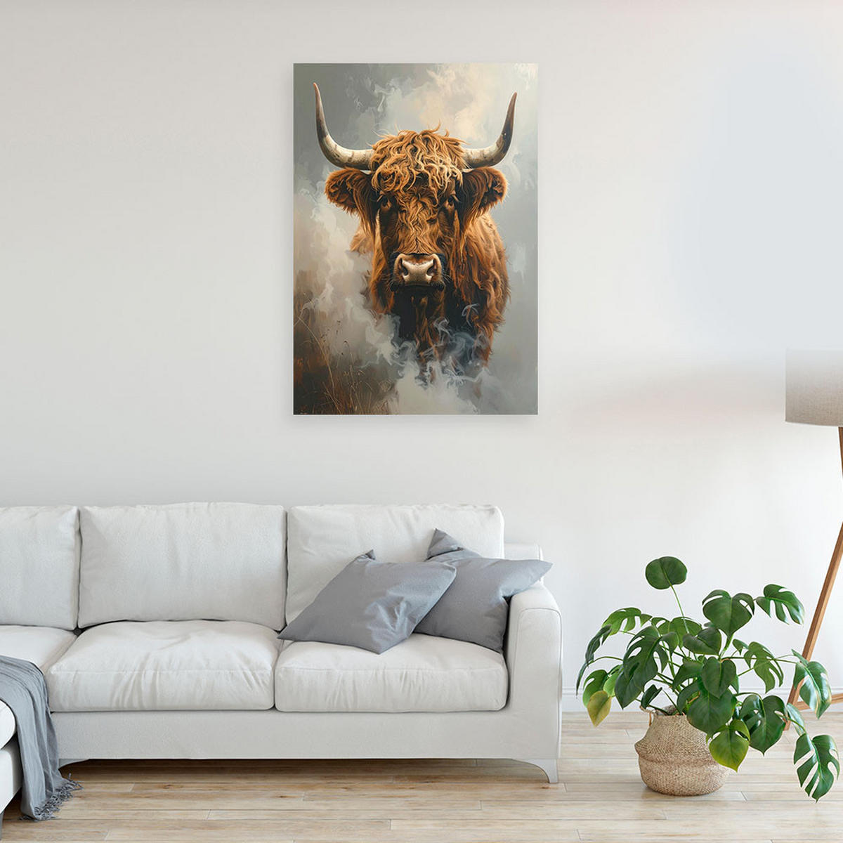 BILD auf Leinwand, Schottische Kuh im Nebel - Braun, Textil (20/30cm) - Feeby