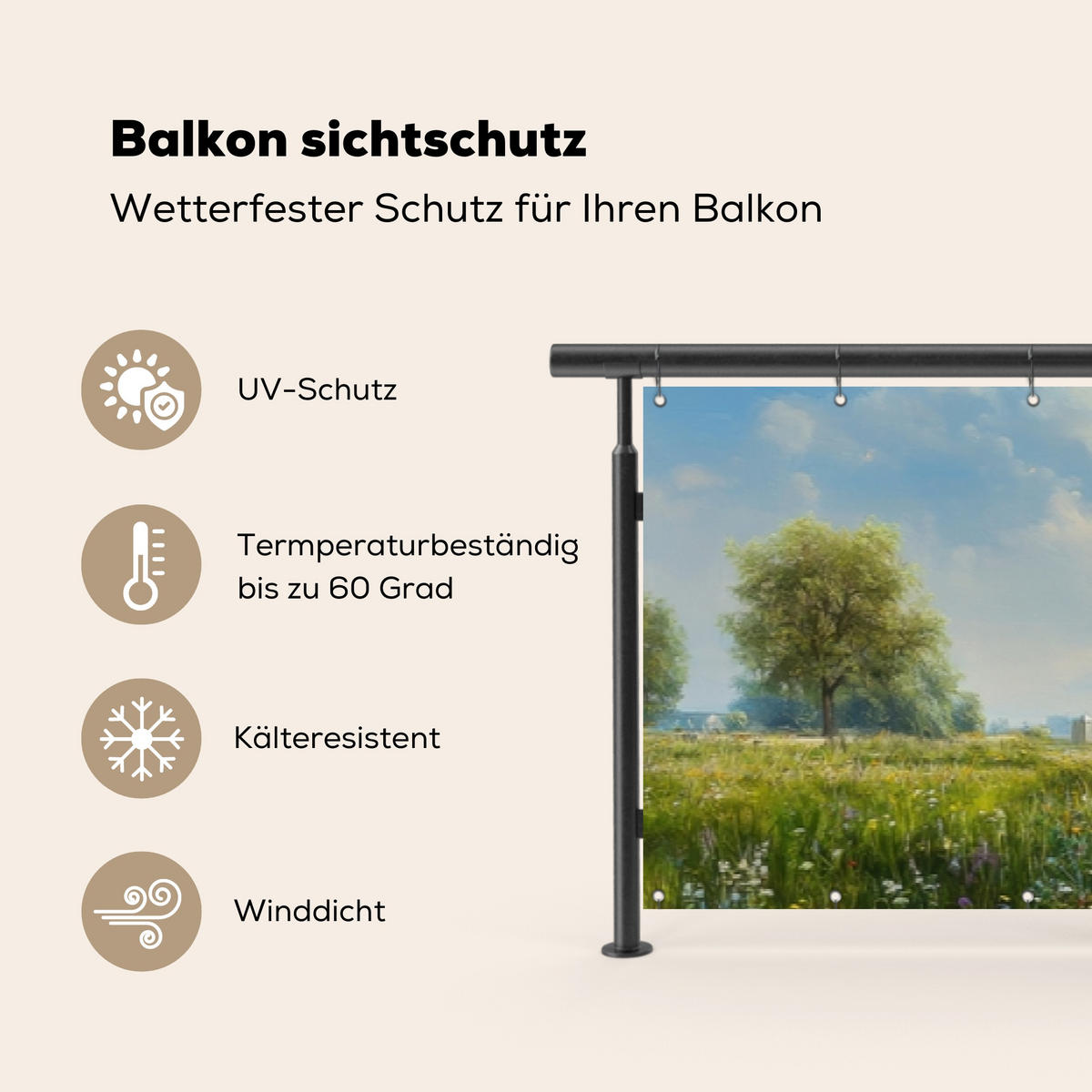 BALKON-SICHTSCHUTZ Kühe - Windmühle - Wiese - Blau - Grün, Kunststoff (500/80cm) - MuchoWow