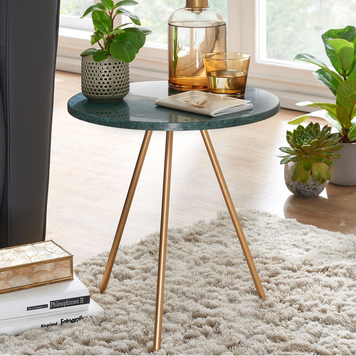 BEISTELLTISCH – Echter Marmor Grün Gold Metallbeine 38x38x44 cm - Goldfarben/Grün, Stein/Metall (38/38/44cm) - KADIMA DESIGN