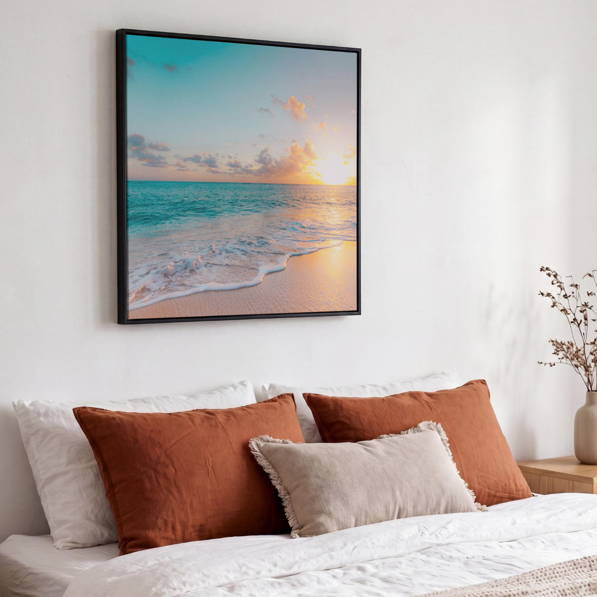 LEINWAND Bilder mit Rahmen - Sonnenuntergang - Strand - Meer - Sommer - Blau - 50x50 - Multicolor, Textil (50/50cm) - MuchoWow