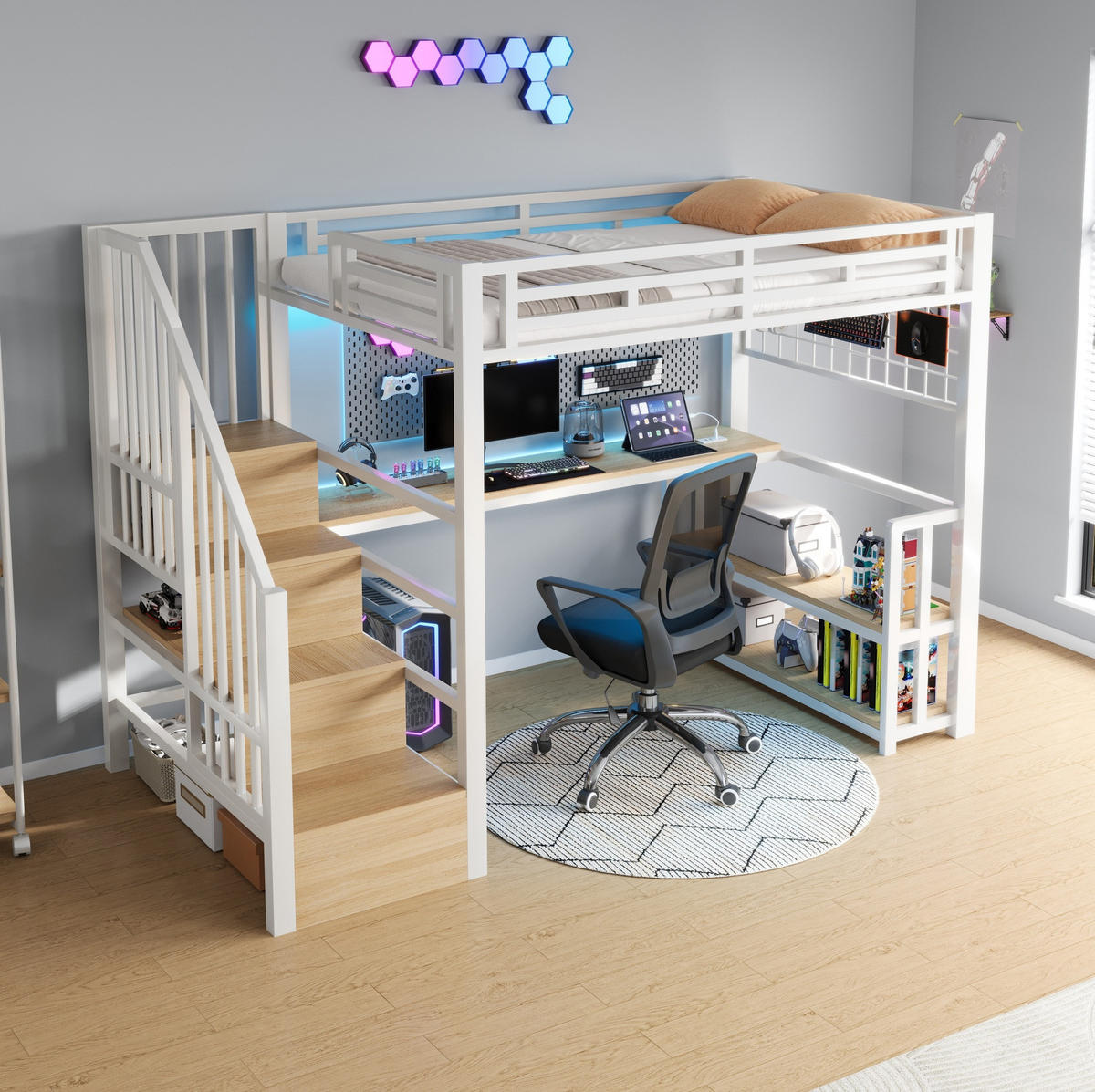 HOCHBETT 90/200 cm Weiß mit Schreibtisch, Regal und LED-Lichtleiste - Weiß, Metall (90/200cm) - MIVRAY