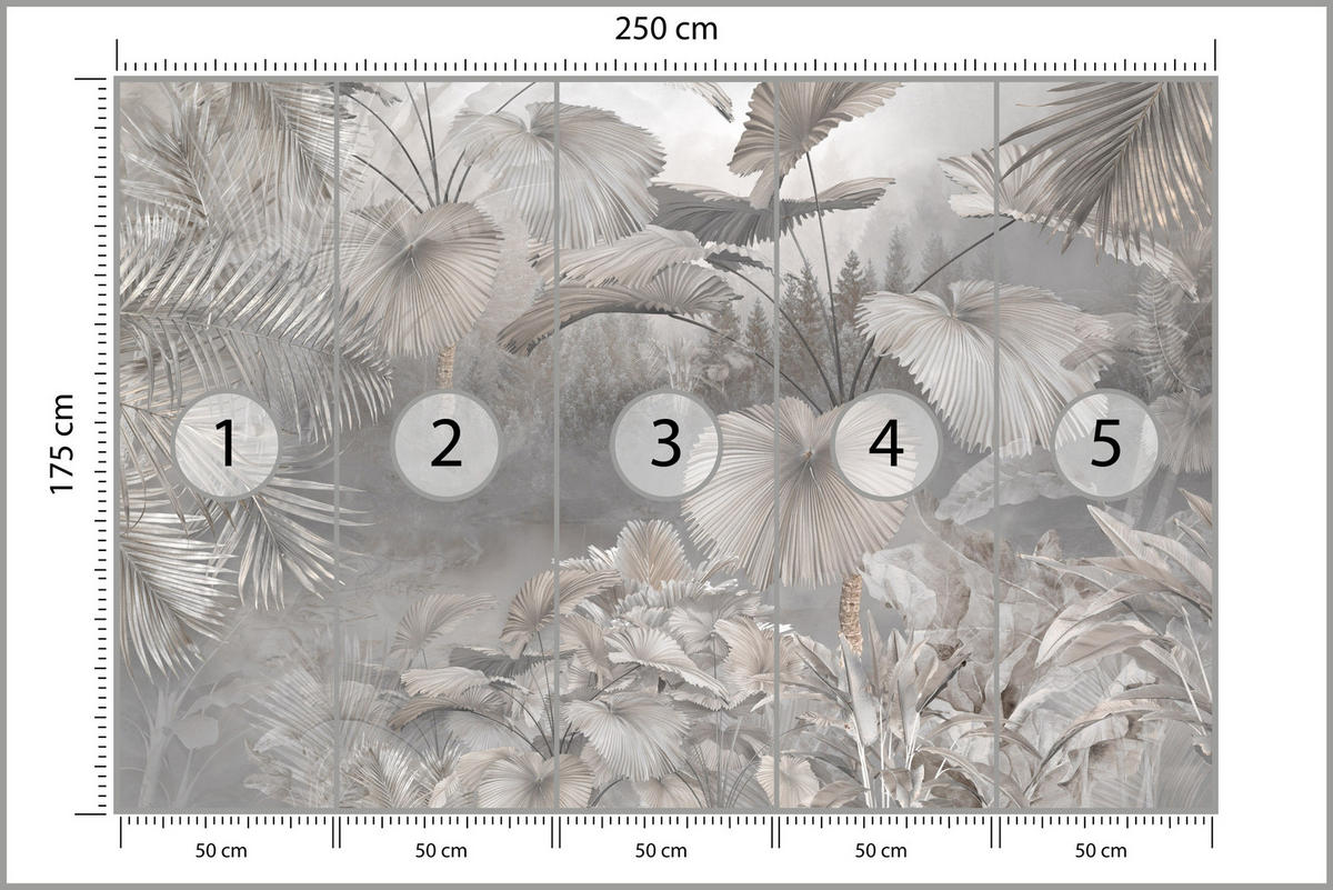 FOTOTAPETE für Wohnzimmer Tropische Blätter Dschungel Palmen Grau 250x175 - Beige/Grau, Papier (250/175cm) - Muralo