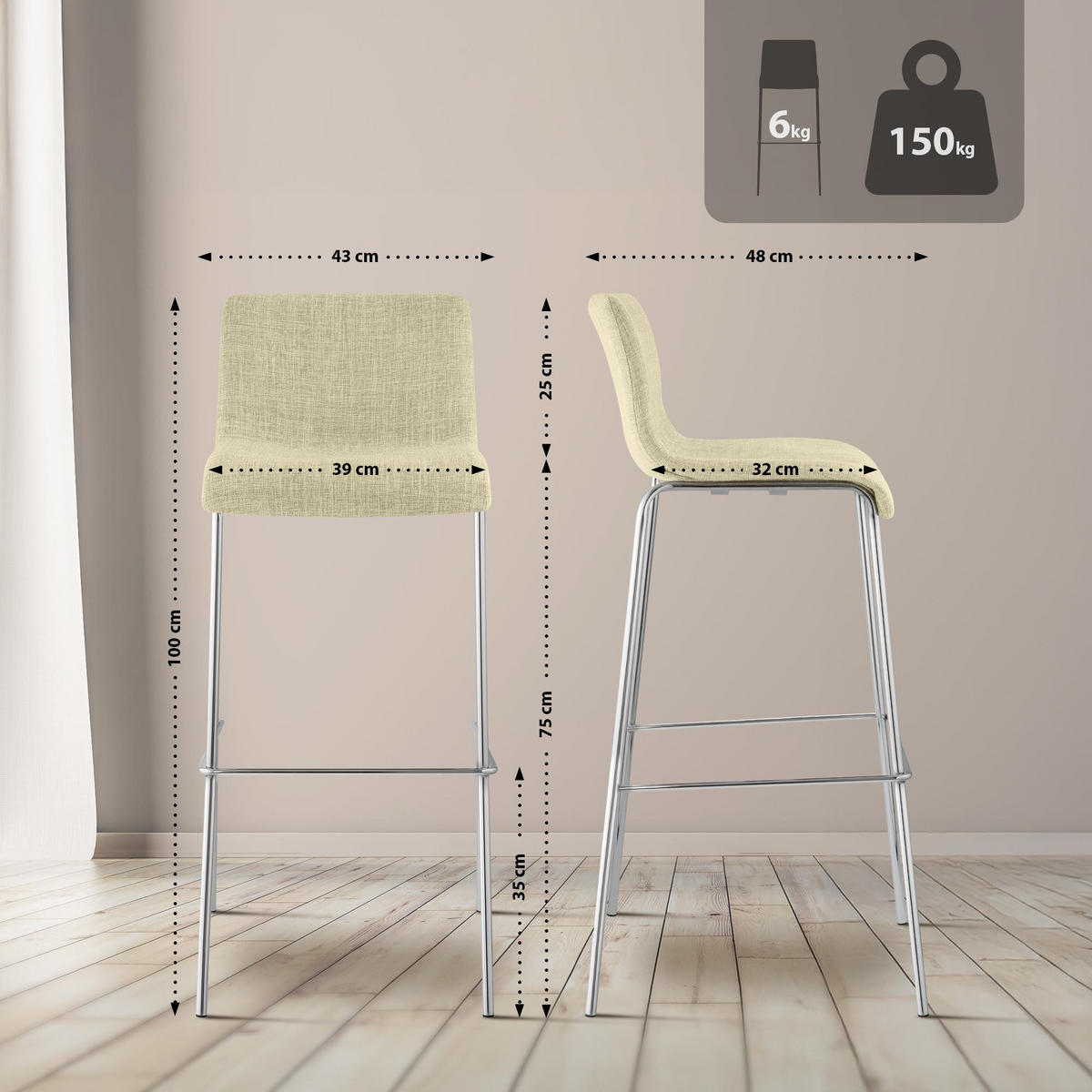 BARHOCKER Stoff Creme - Chromfarben/Creme, Textil/Metall (43/100/48cm) - CLP