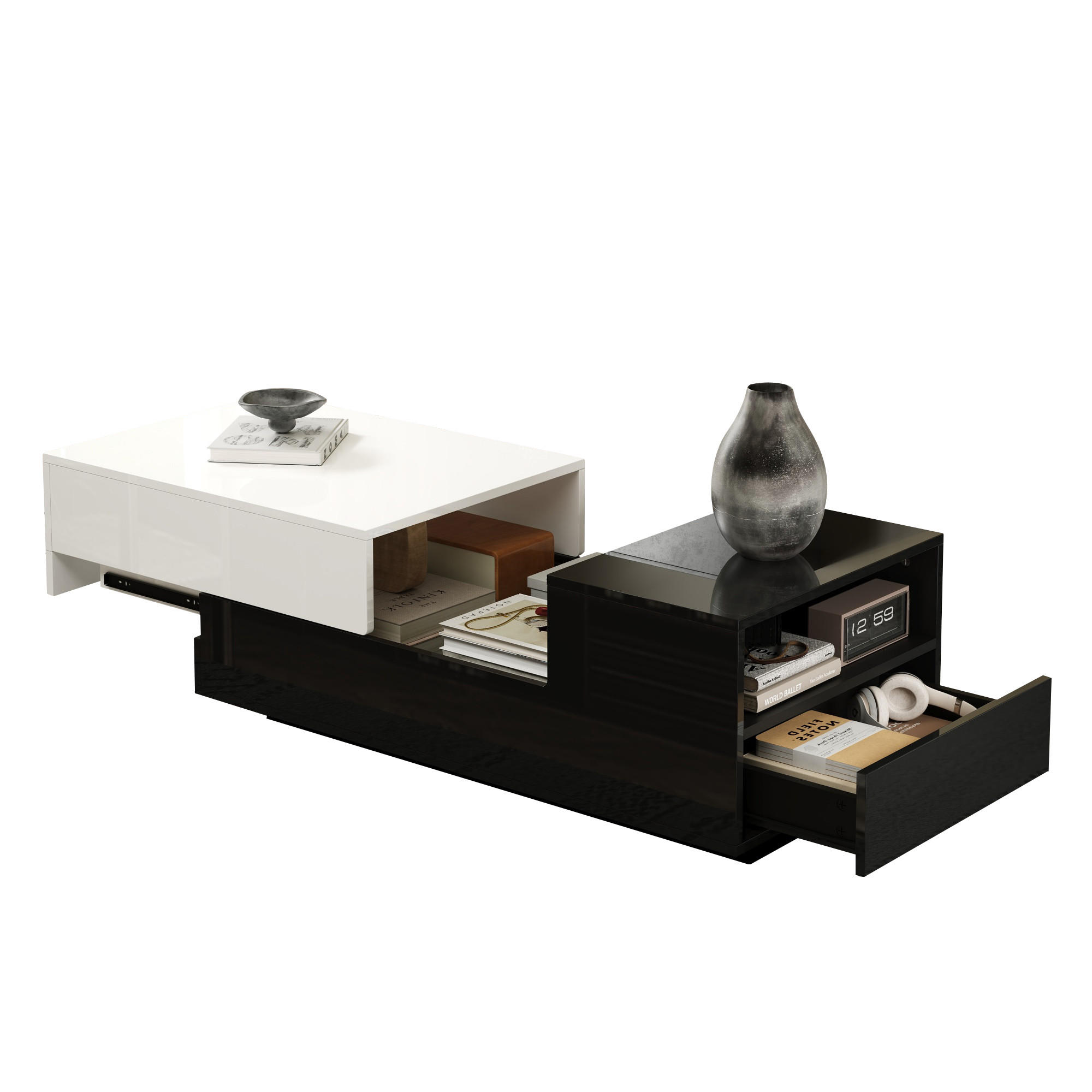 COUCHTISCH, Hochglanz-Schwarz-Weiß mit 2 Schubladen und halboffenem Seitenfach, 100/50/38 cm,Schwarz - Schwarz, Holzwerkstoff (100/50/38cm) - Redom