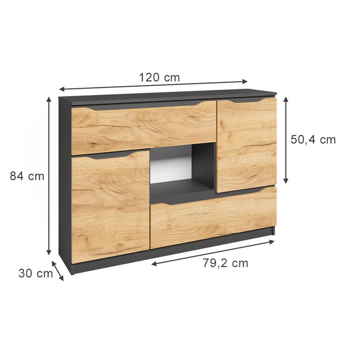 KOMMODE Ruben Goldkraft Eiche 120 x 84 cm mit Schubladen - Anthrazit/Eiche Wotan, Holzwerkstoff (120/84/30cm) - Vicco
