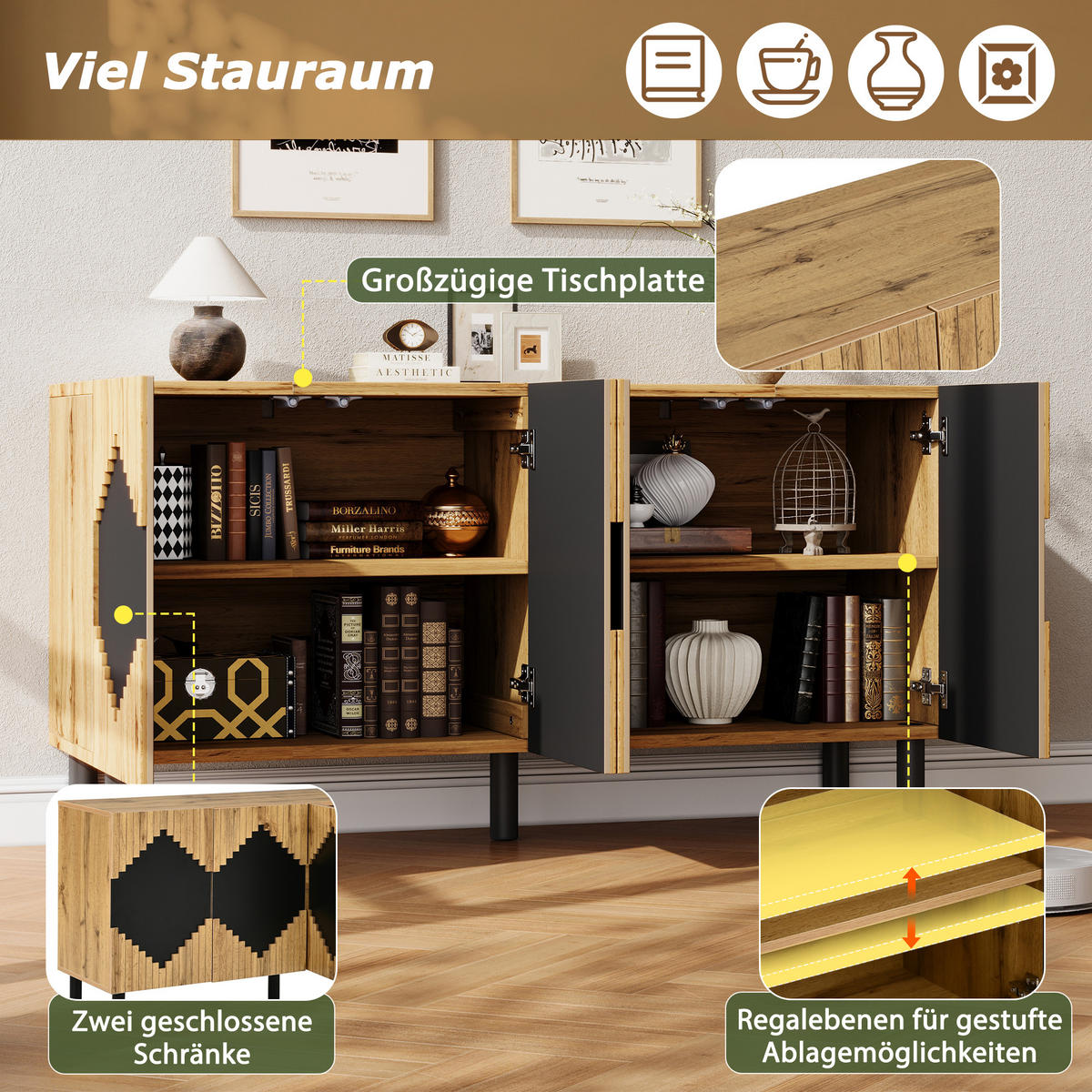 SIDEBOARD V dekoru dřeva a černé s reliéfními dvířky - přírodní, kompozitní dřevo (140/70/40cm) - Urban Meuble