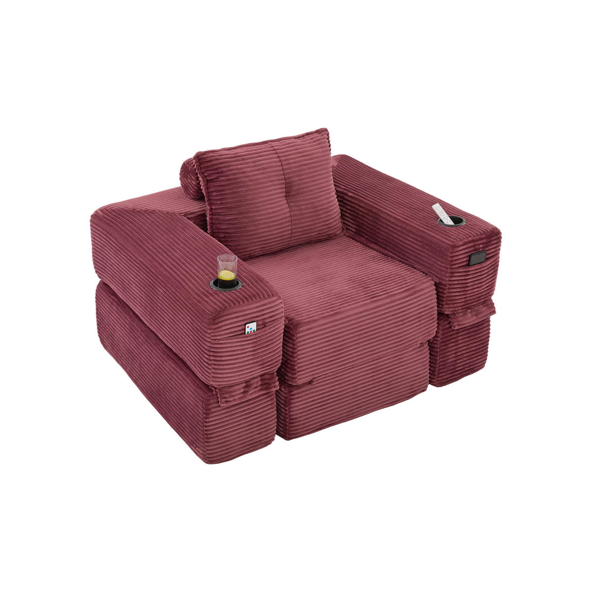 SCHLAFSOFA DE-33602 mit Federkern und Getränkehalter Weinrot - Weinrot, Textil (122/80/98cm) - ComfortXL