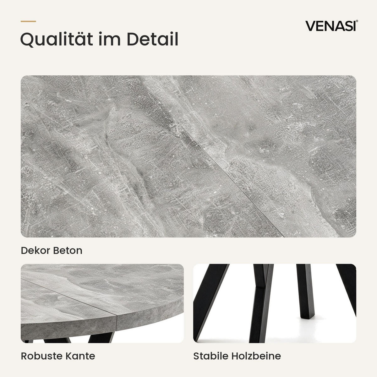 ESSTISCH ausziehbar rund 90-190 cm ATO Beton, Auszugstisch mit Einlegeplatte - Schwarz/Grau, Holzwerkstoff (90/90/77cm) - VENASI MÖBEL