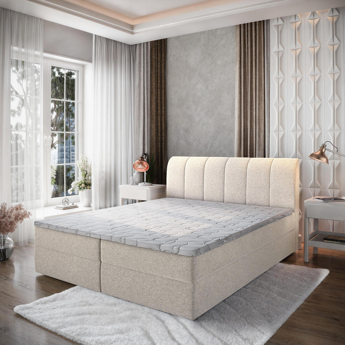 BOXBETT CEVANO 160x200 cm mit Matratze und Topper - Beige - Beige, Holz (160/200cm) - MASSENO