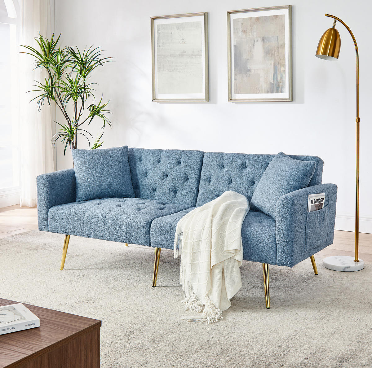 SOFA mit verstellbarer Rückenlehne, 2-Sitzer, Teddy Blue - Blau, Holzwerkstoff (177/74/78cm) - Meubliv