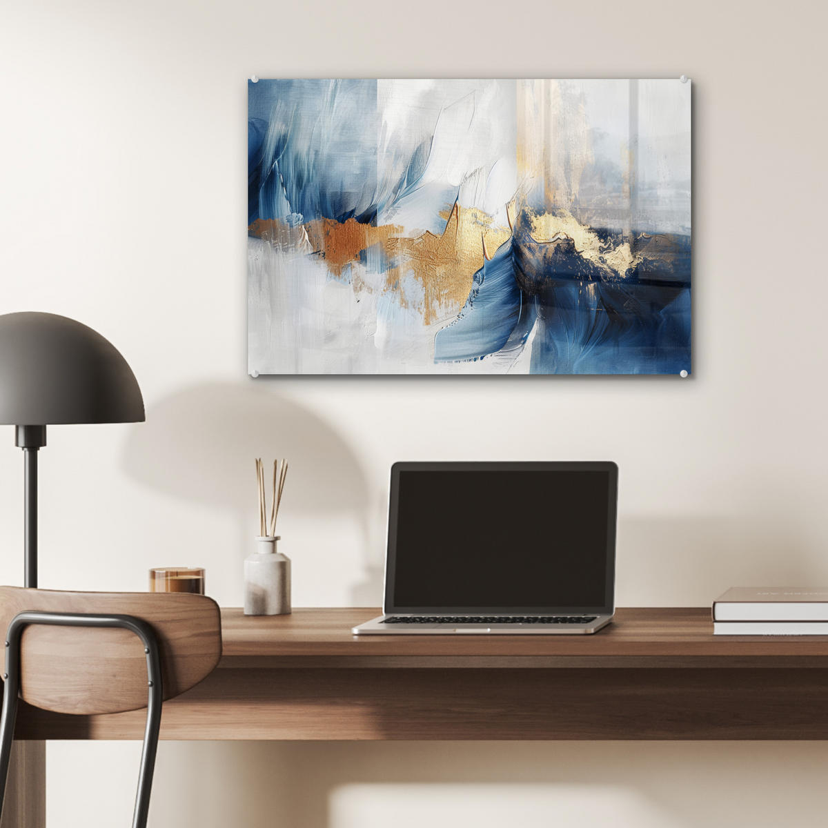 ACRYLGLASBILD Gold - Blau - Aquarell - Kunst - Modern 60x40 cm - Hellblau, Glas (60/40cm) - MuchoWow