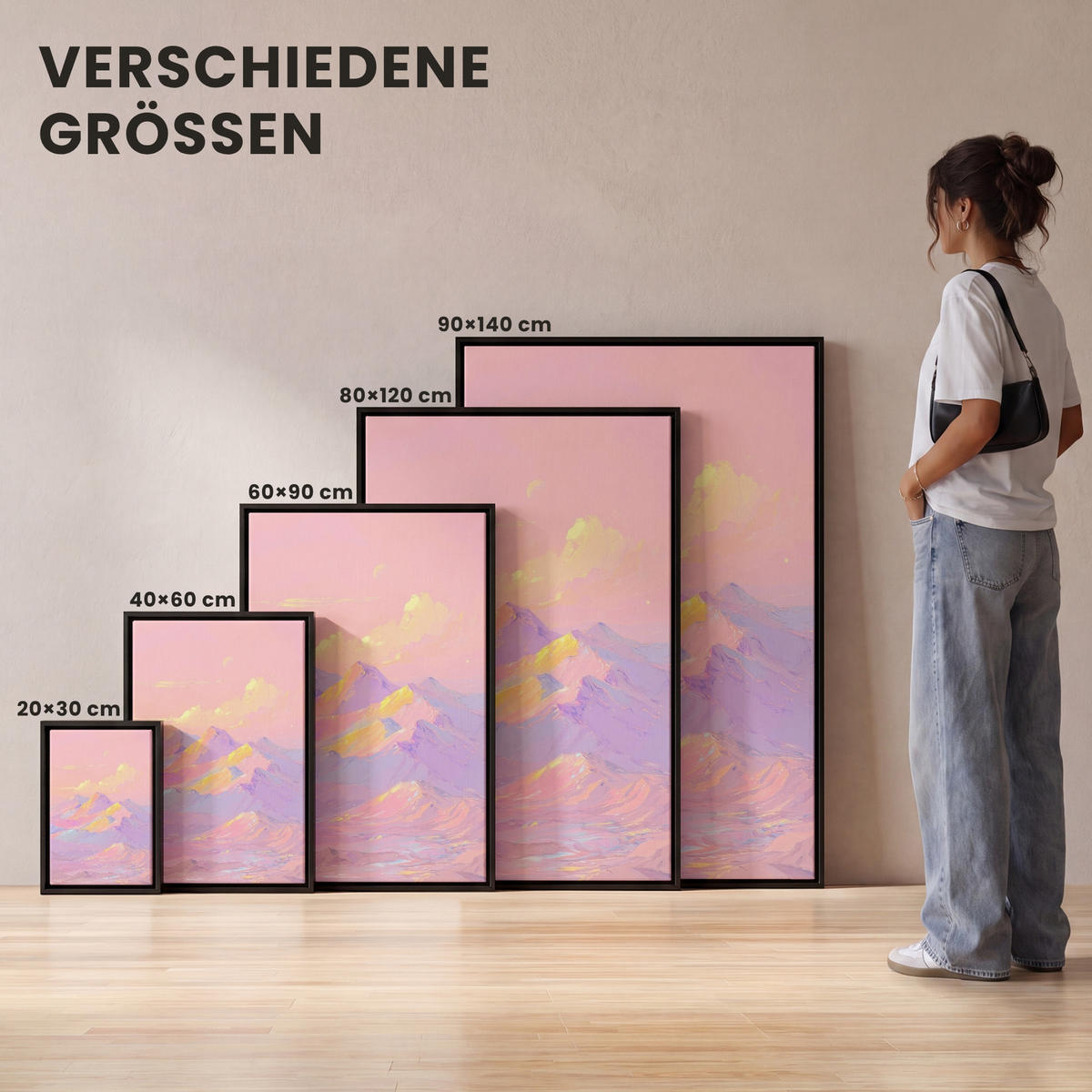 LEINWAND Bilder mit Rahmen - Berggipfel - Wolken - Verträumt - 60x90 - Hellrosa, Textil (60/90cm) - MuchoWow