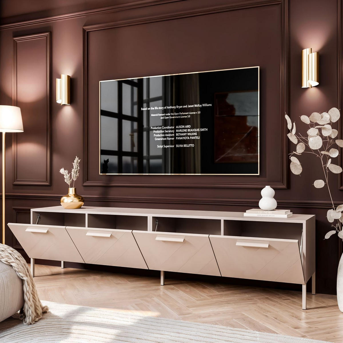 TV-ELEMENT AURA 200 KASCHMIR Hochglanz auf geraden kaschmirfarbenen Beinen + LED - Kaschmir, Holzwerkstoff (200/51/40cm) - Lookway