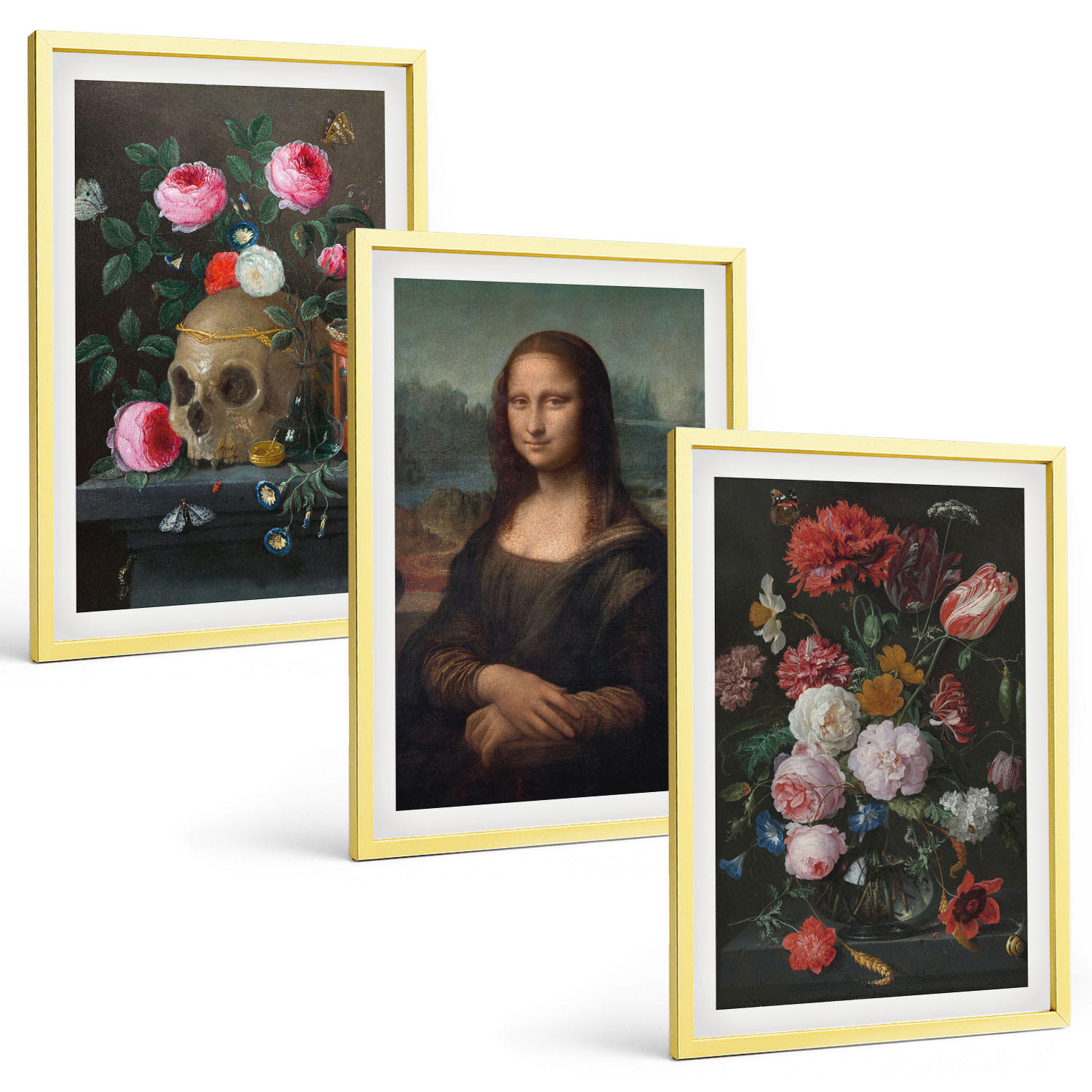 BILDER SET 3er Set - 40x60 cm Goldrahmen - Blumenschädel-Porträt Mona Lisa - Goldfarben, Kunststoff (40/60cm) - TULUP